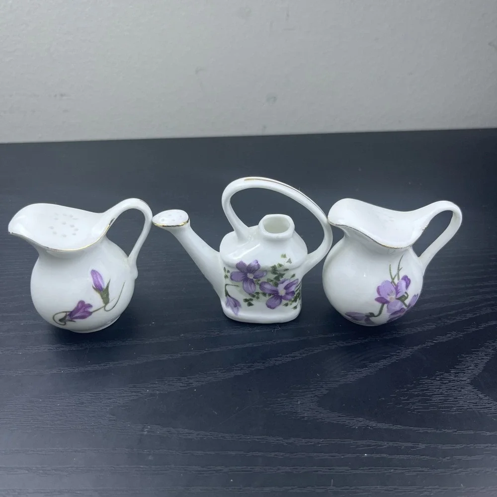Vintage Bone China Pitcher Violets Salt Pepper Shakers Floral Mini Set